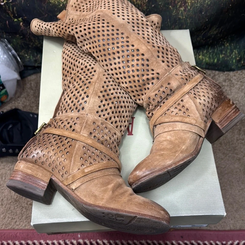 A.S.98 Tan Perforated Over-the-Knee Suede Boots